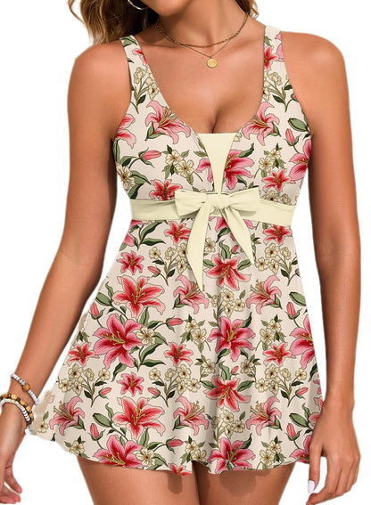 HOTAleumdr Women Printed Two Piece Tankini Swimsuits Tummy Control Swim Dress High Waisted Boyshort with Pockets