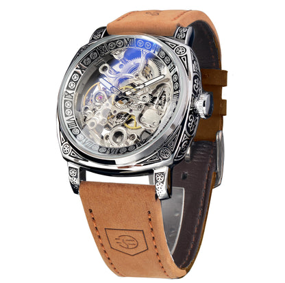 HOTFORSINING Watches for Man, Square Retro Mechanical Watch Self-Wind Carved, Skeleton Automatic Watches Vintage Leather Strap Wristwatch