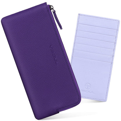 HOTVISOUL Long Zipper Cash Wallet for Women with Removable Credit Card Holder Soft Genuine Pebbled Leather Contrast Color-Lake Blue and Pearl