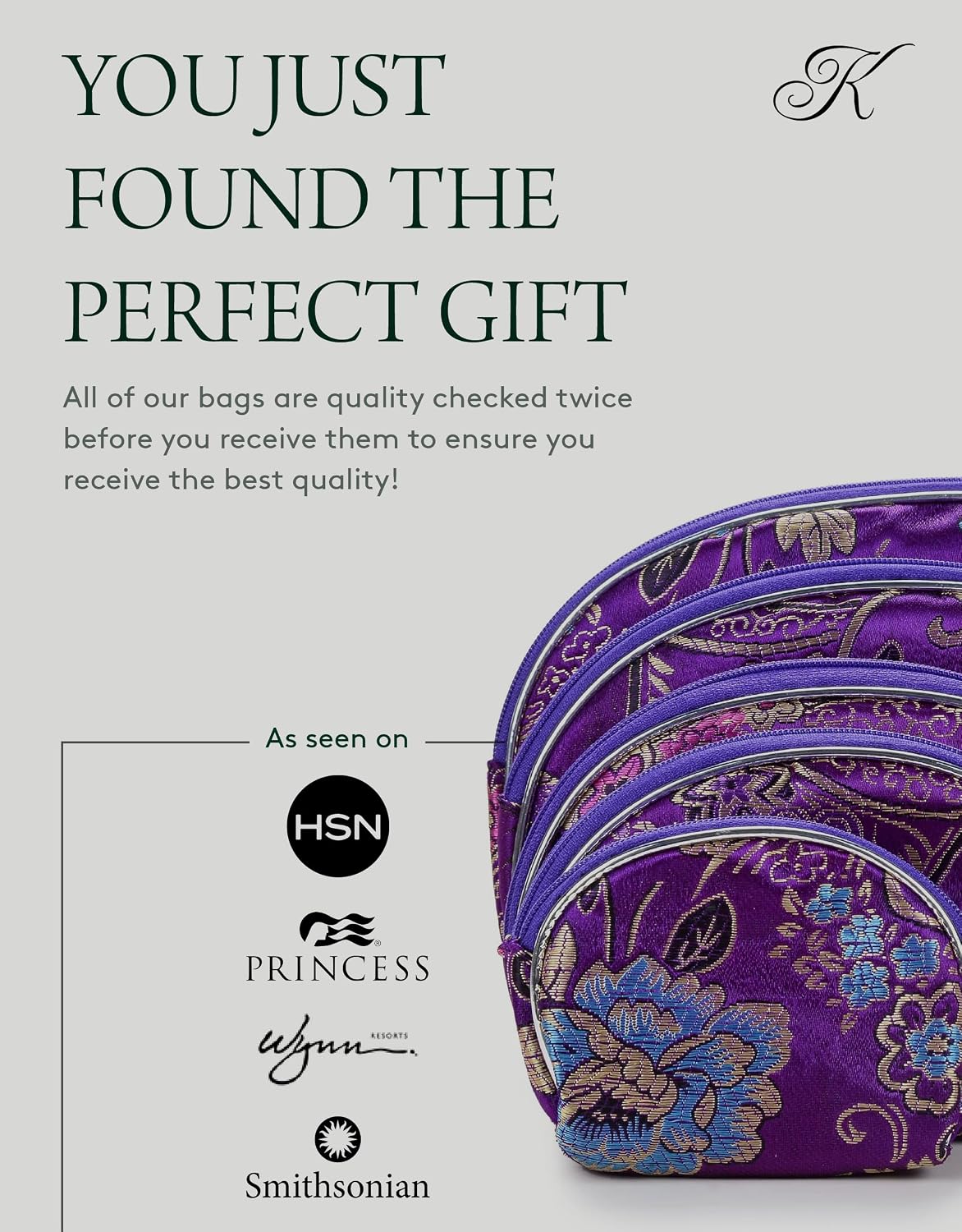 HOTKALIFANO 5pcs Purple Flower Jewelry & Coin Silk Pouch Brocade Embroidered Gift Bag/Purse - Oriental Chinese Style Travel Wallet with Zipper (Family Owned and Operated)