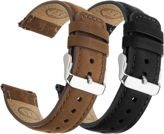 HOTFullmosa 20mm Quick Release Leather Watch Bands for Garmin Samsung Galaxy | 2 Pack Straps for Vivoactive 6/5, Venu Sq/Sq 2, Samsung Galaxy 7/6/5, Gear S2 Classic, Saddle Brown+Silver/Black+Silver
