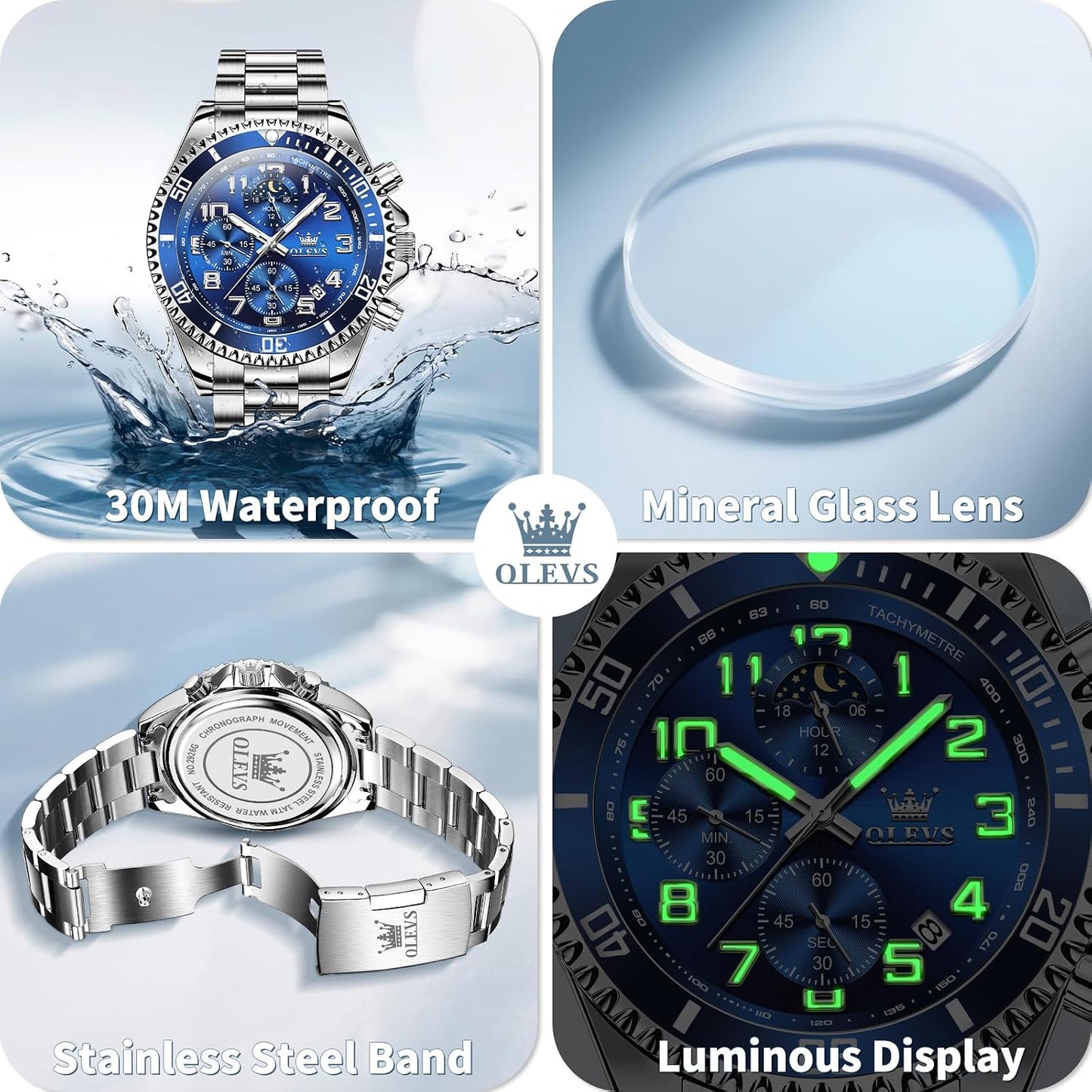 HOTOLEVS Watches for Men Stainless Steel Dress Men Watch with Date Big Face Chronograph Waterproof Luxury Fashion Watch Blue/Black/Gold/Green/Silver Face Relojes para Hombres