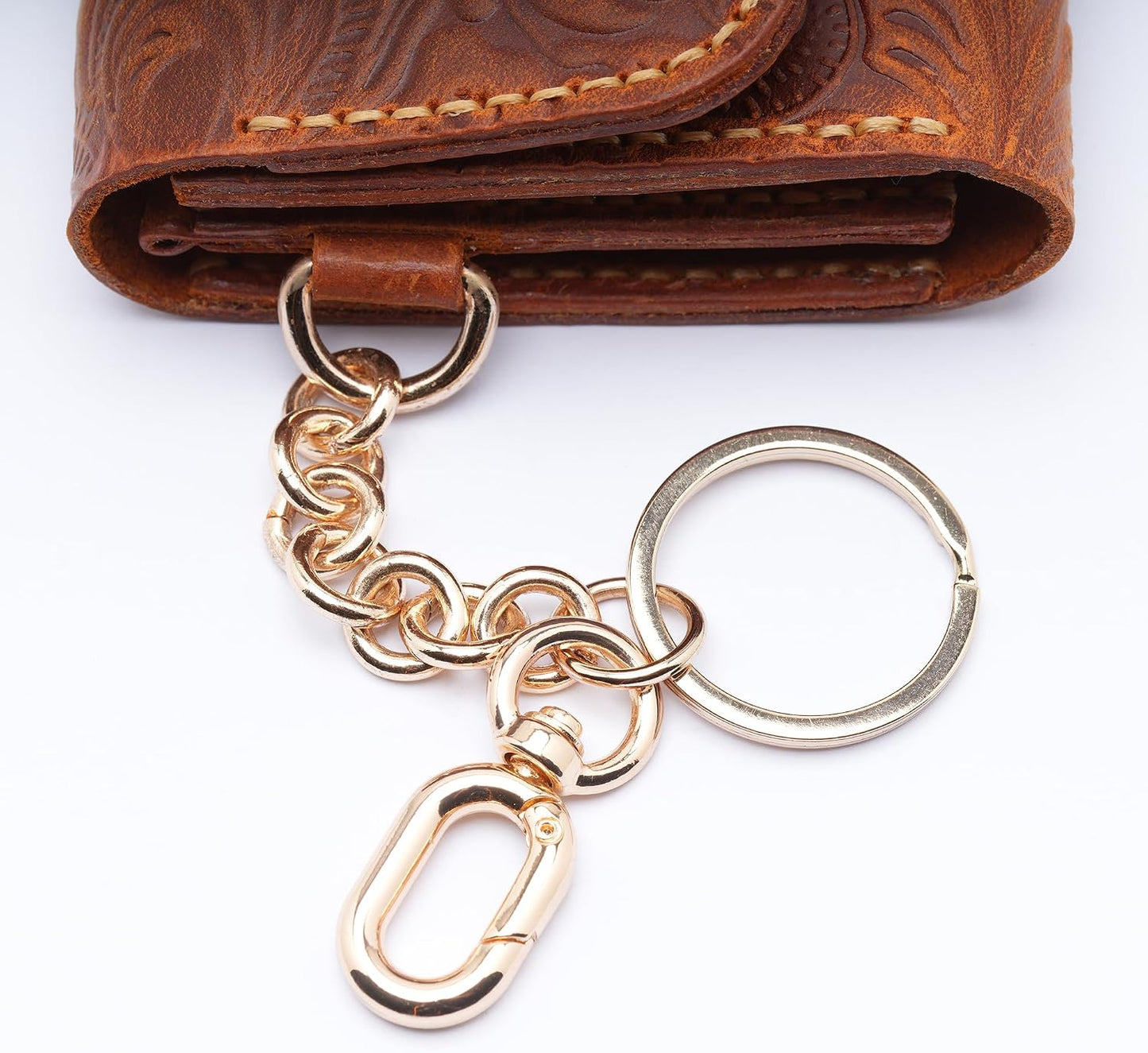 HOTHandmade Keychain Wristlet Wallets for Women, Western Floral Leather Small Credit Card Holder with Zipper, Minimalist & Cute Coin Pouch, Genuine Leather (Camel)
