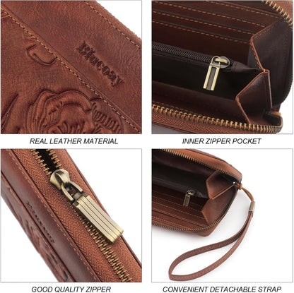 HOTReal Leather Womens Wallet,RFID Blocking Long Wallet For Women Large Capacity Embossed Flowers Wallet Wristlet With Card Holder Zip Coin Pocket(embossed brown)