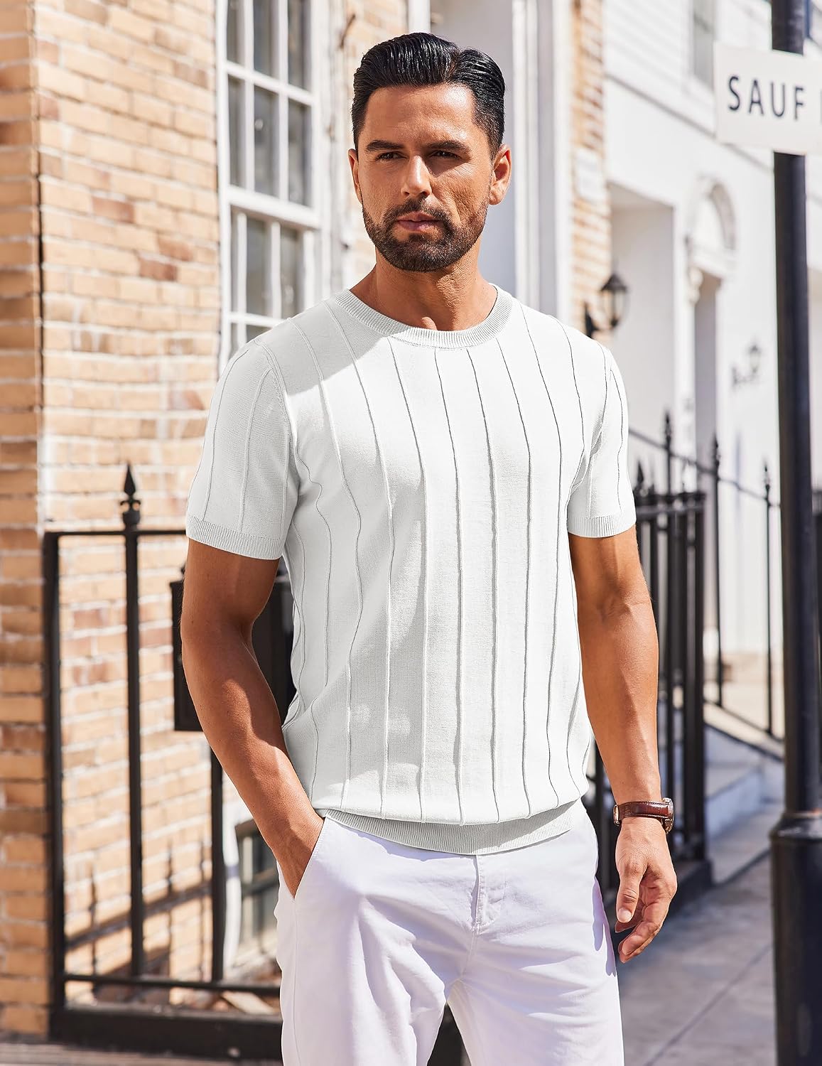 HOTCOOFANDY Men's T- Shirts Short Sleeve Knit Sweater Shirt Casual Crewneck Ribbed Pullover Tees