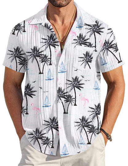 HOTCOOFANDY Men's Casual Button Down Shirts Short Sleeve Textured Summer Beach Shirt with Pocket
