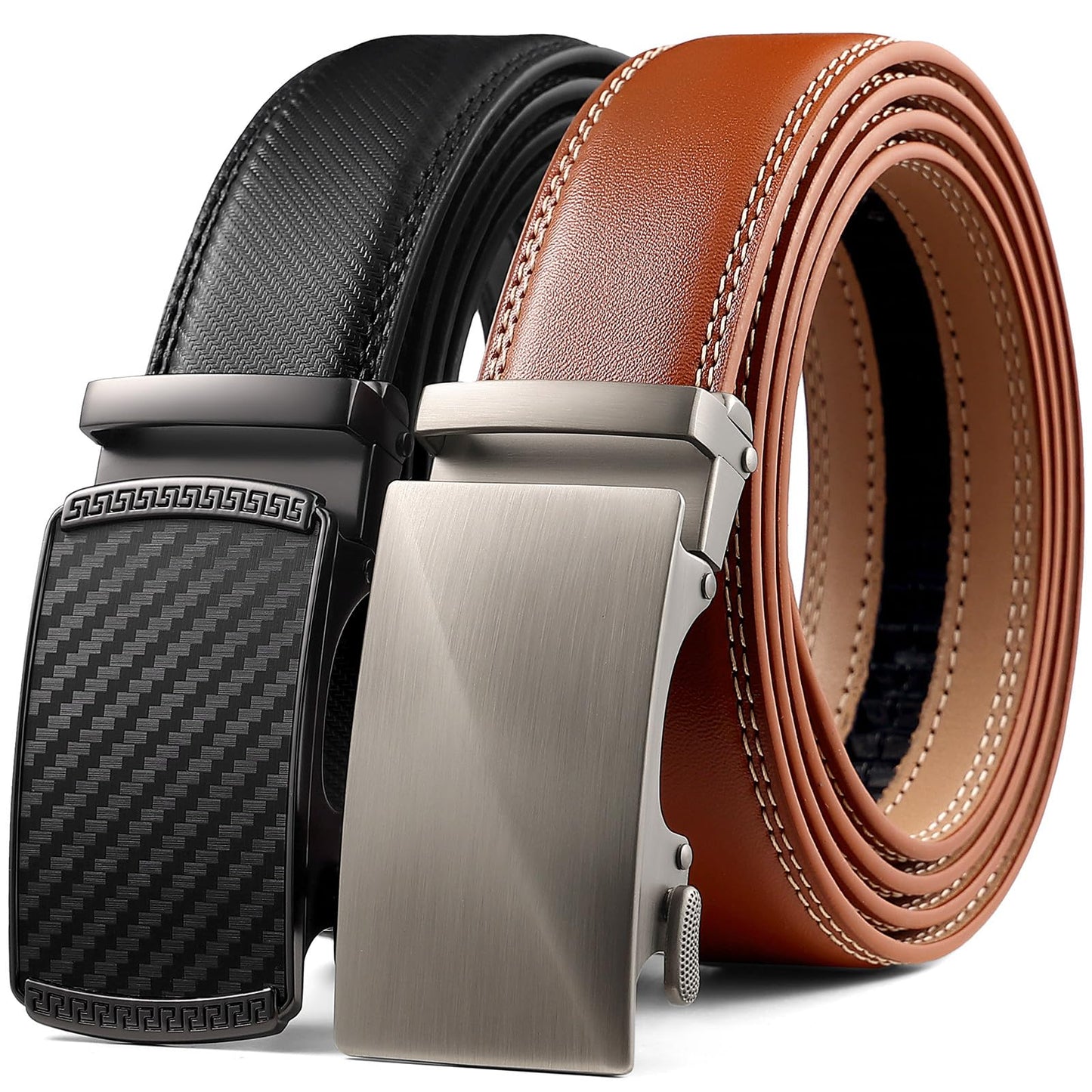 HOTFounders & C Mens Belt 2 Pack,Leather Ratchet Click Belt Dress with Slide Buckle 1 3/8" in Gift Set Box- Size Adjustable