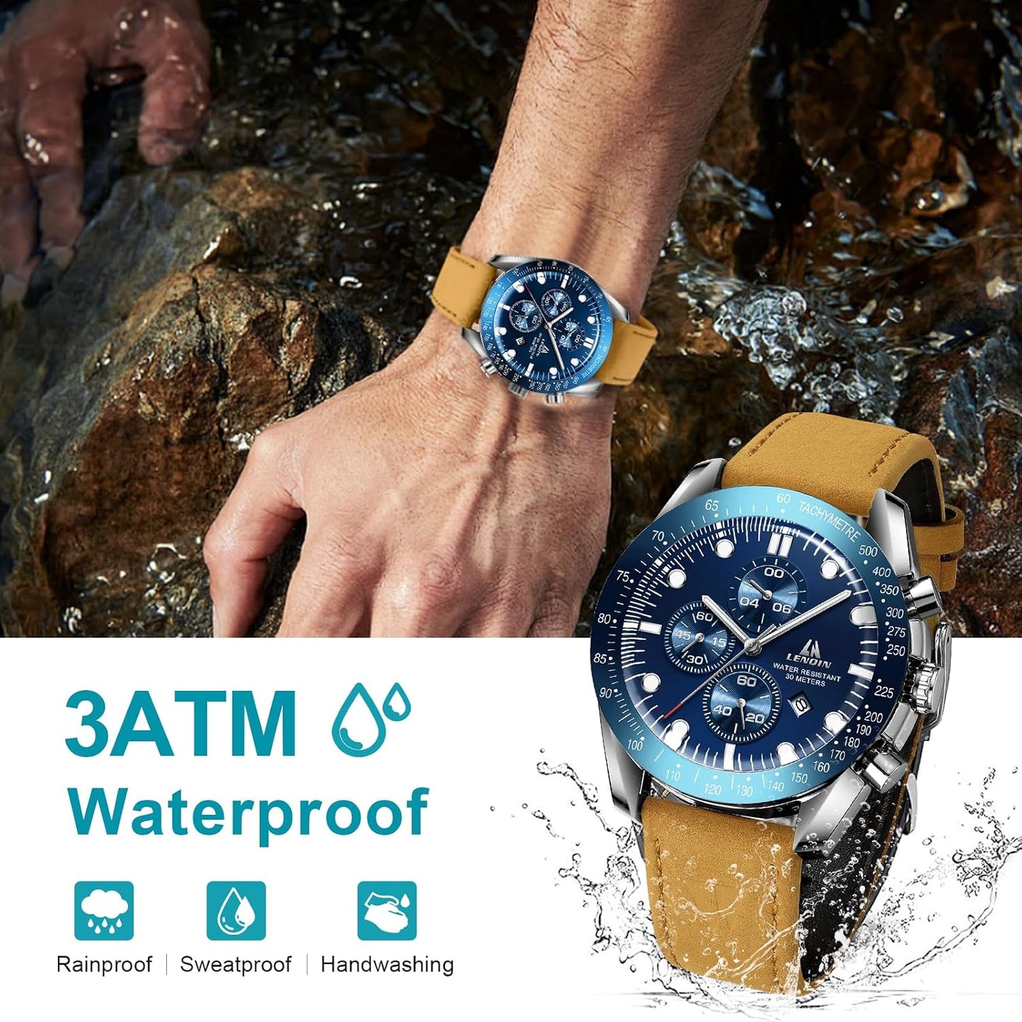 HOTLN LENQIN Mens Watches Leather Watch Analog Quartz Watch for Men Luminous Luxury Fashion Business Casual 30M Waterproof Men's Wrist Watches with Date