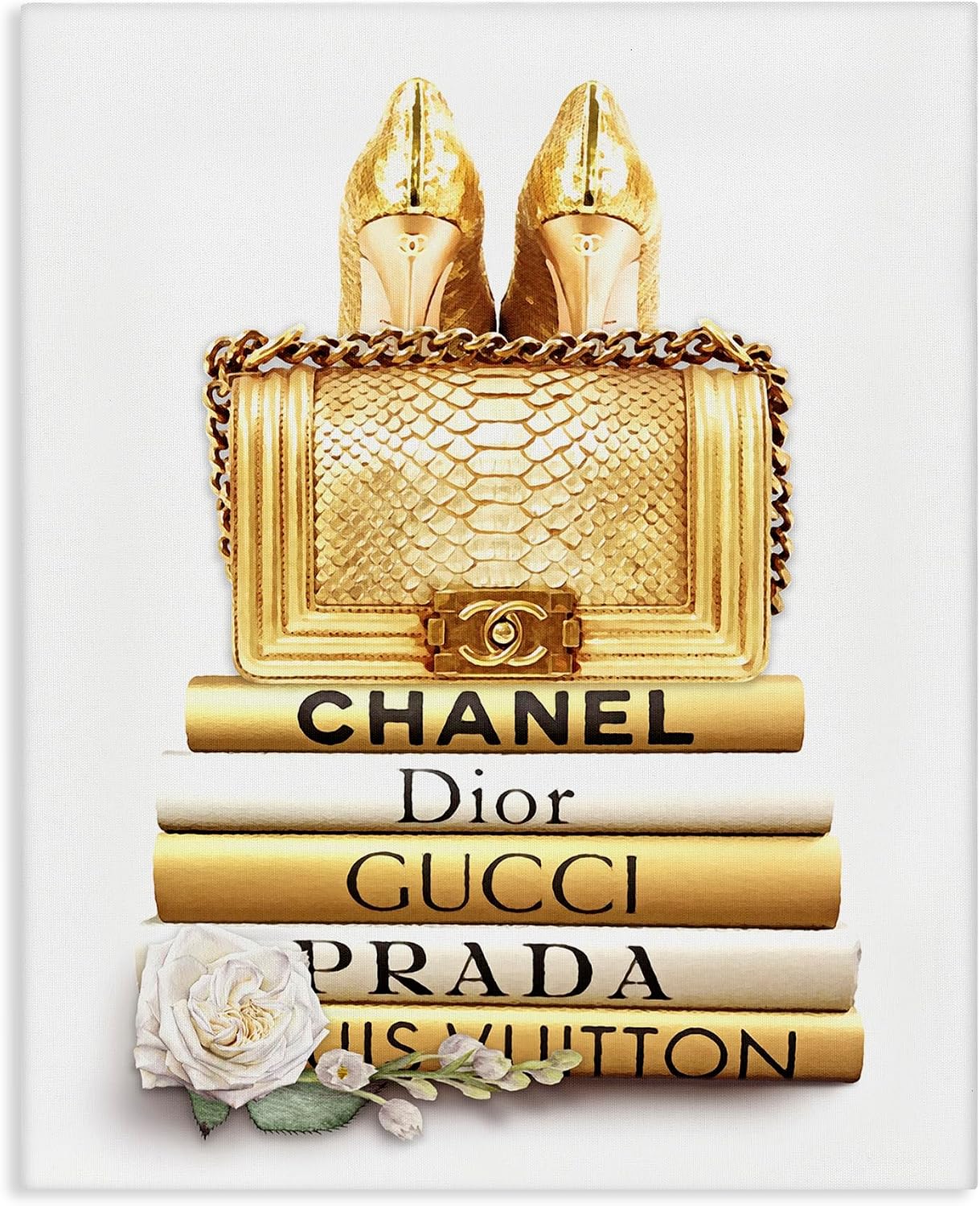 HOTStupell Industries 'Divine Golden Fashion Purse on Glam Designer Bookstack', Canvas Art, 24 x 30 Inches, Easy to Hang and Sturdy, Made in USA, by ROS Ruseva