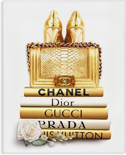 HOTStupell Industries 'Divine Golden Fashion Purse on Glam Designer Bookstack', Canvas Art, 24 x 30 Inches, Easy to Hang and Sturdy, Made in USA, by ROS Ruseva