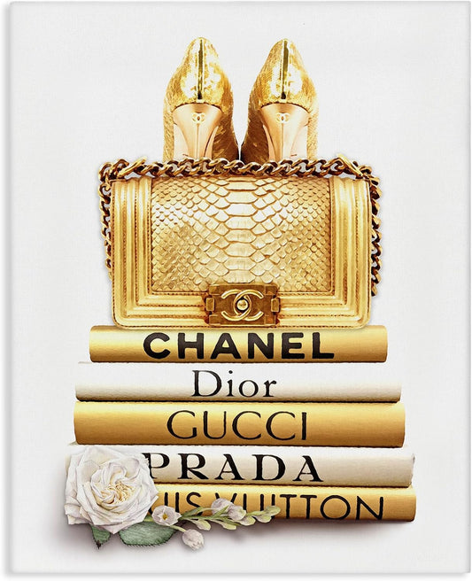 HOTStupell Industries 'Divine Golden Fashion Purse on Glam Designer Bookstack', Canvas Art, 24 x 30 Inches, Easy to Hang and Sturdy, Made in USA, by ROS Ruseva