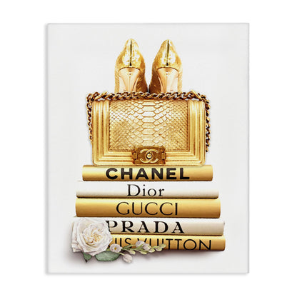 HOTStupell Industries 'Divine Golden Fashion Purse on Glam Designer Bookstack', Canvas Art, 24 x 30 Inches, Easy to Hang and Sturdy, Made in USA, by ROS Ruseva