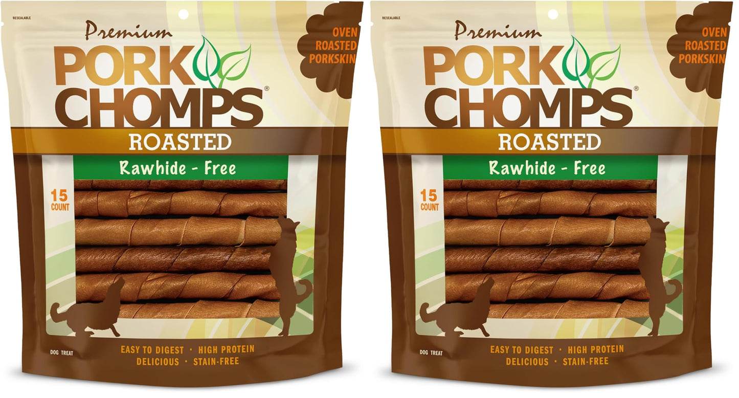 HOTPork Chomps Roasted Pork Skin Dog Chews, 6 Inch Twists, 15 Count - Long-Lasting Treats for Dogs - High Protein, Rawhide-Free, Low Fat, Healthy & Delicious Chews
