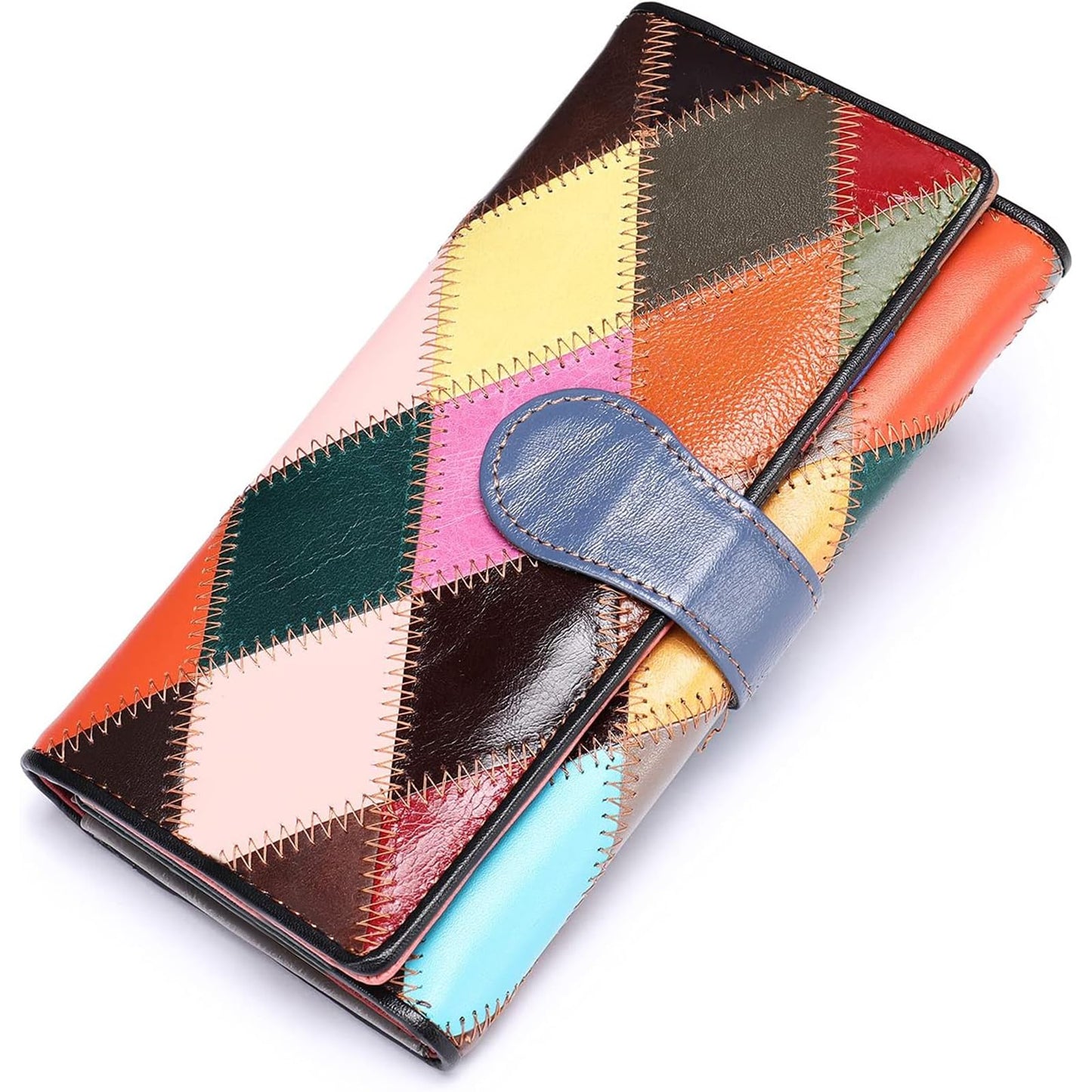 HOTMASIWEI Genuine Leather Patchwork Wallet for Women Multicolor Trifold Wallets Ladies Card Holder Money Organizer with Coin Purse