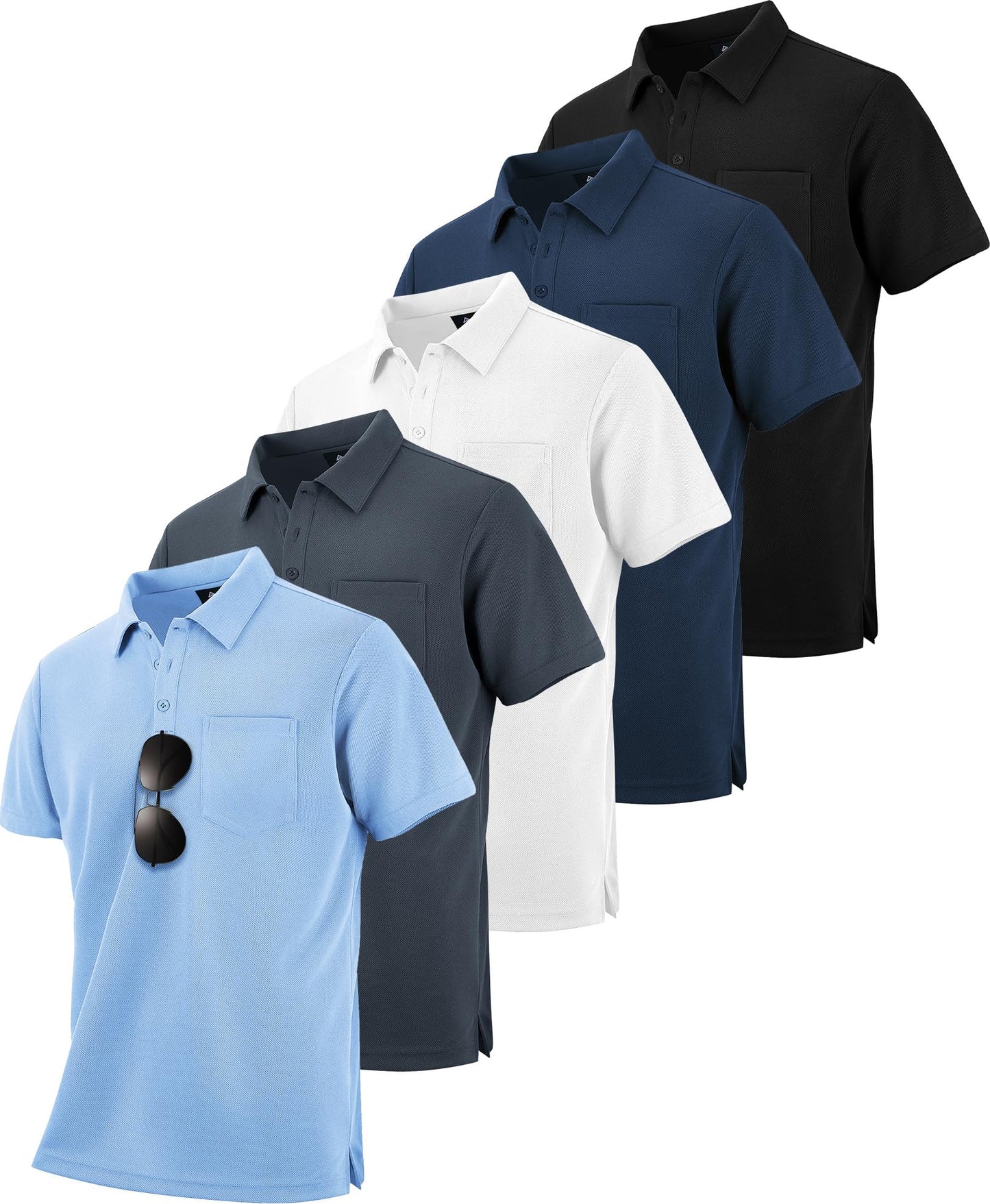 HOTZITY 5 Pack Polo Shirts for Men with Pocket Dry Quickly Short Sleeve Athletic Outdoor Work Collared Shirts