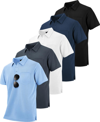 HOTZITY 5 Pack Polo Shirts for Men with Pocket Dry Quickly Short Sleeve Athletic Outdoor Work Collared Shirts