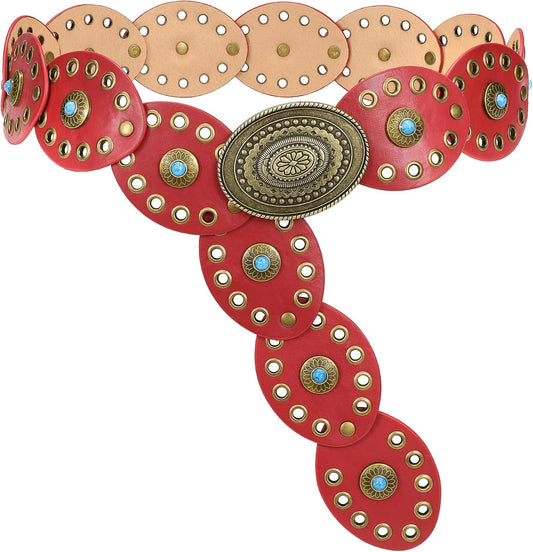 HOTTRIWORKS Western Belts for Women Wide Cowgirl Disc Belt with Turquoise Boho Concho Leather Belt Country Belt for Dress