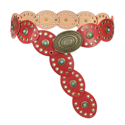 HOTTRIWORKS Western Belts for Women Wide Cowgirl Disc Belt with Turquoise Boho Concho Leather Belt Country Belt for Dress