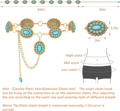 HOTWestern Turquoise Belt for Women Boho Cowgirl Concho Metal Belt for Country Concert Outfit Vintage Jewelry