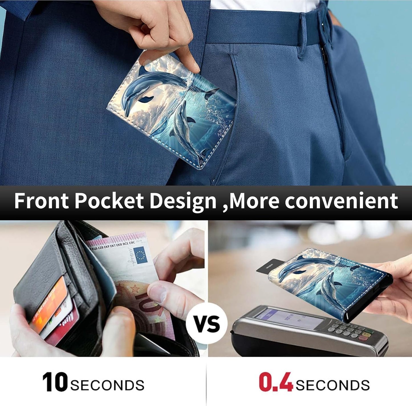 HOTPop Up Wallet Women Men with Money Slot,RFID Blocking Leather Minimalist Automatic Credit Card Holder Business Trifold Card Case-Blue Dolphin