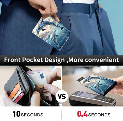 HOTPop Up Wallet Women Men with Money Slot,RFID Blocking Leather Minimalist Automatic Credit Card Holder Business Trifold Card Case-Blue Dolphin