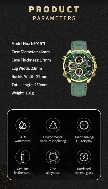 HOTNAVIFORCE Men's Military Digital Watches Analog Quartz Waterproof Watch Sport Multifunctional Leather Wristwatch