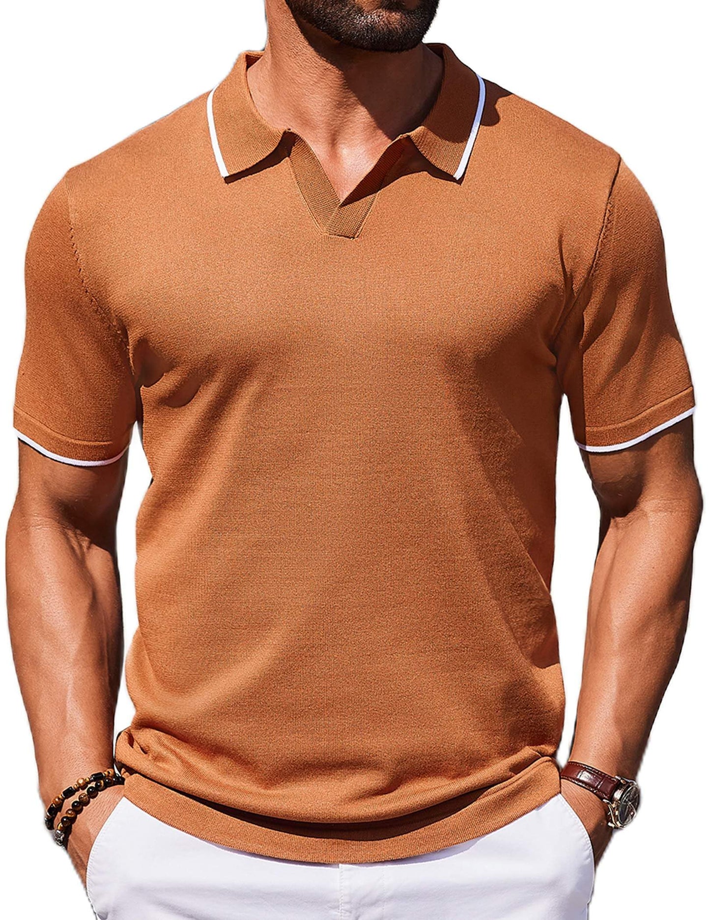 HOTCOOFANDY Mens Polo Shirts Short Sleeve Casual Knit Polo Shirt Vintage Golf T Shirts Old Money Tops