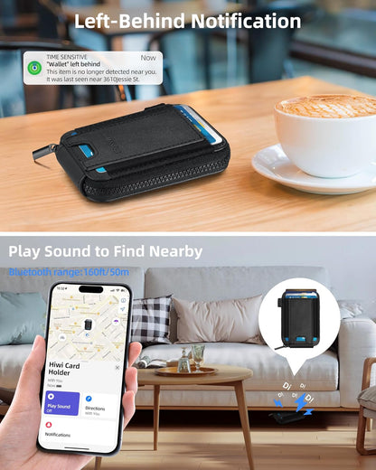 HOTSmall Wallet for Women with Rechargeable Find My Tracker Built-in, Zipper Accordion Credit Card Holder with Keyring, Anti-loss Fashion Minimalist Slim, Black