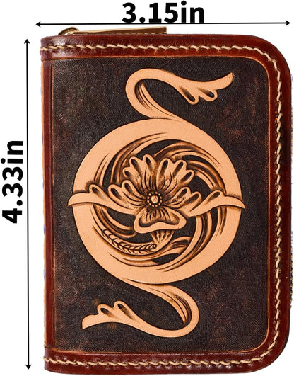 HOTSmall Credit Card Holder RFID Blocking Wallet Women Handmade Floral Carved Leather Zipper Around Security Western Wallets for Women tarjeteros monederos de mujer