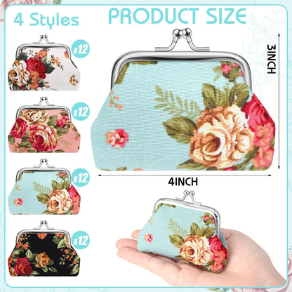 HOT48 Pcs Vintage Canvas Floral Kiss Lock Coin Purses Bulk Rose Flower Change Wallets Gifts for Mother Day Women(4 x 3 Inch)