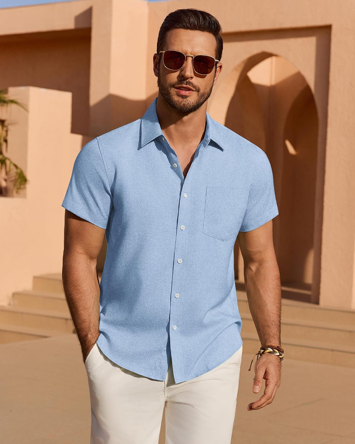 HOTMens Linen Shirt Short Sleeve Wrinkle Free Casual Untucked Button Down Shirts Beach Breathable Tops Summer