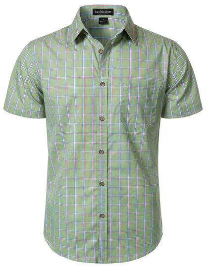 HOTLucMatton Men's Gingham Short Sleeve Button Down Shirt Cotton Regular Fit Plaid Dress Shirts with Pocket