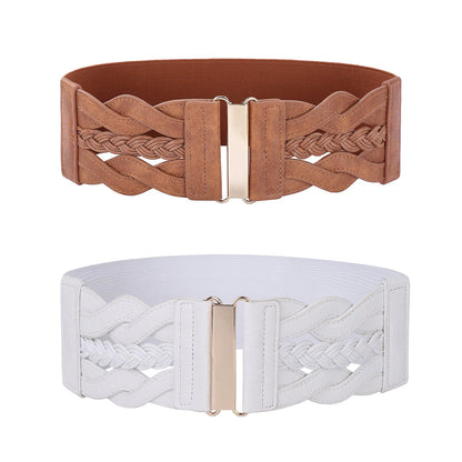 HOTGRACE KARIN Wide Belts for Women Elastic Waist Belt | 3 inch wide stretchy waistband, Woven design, Golden buckle, For dresses skirt, Vintage casual boho western style