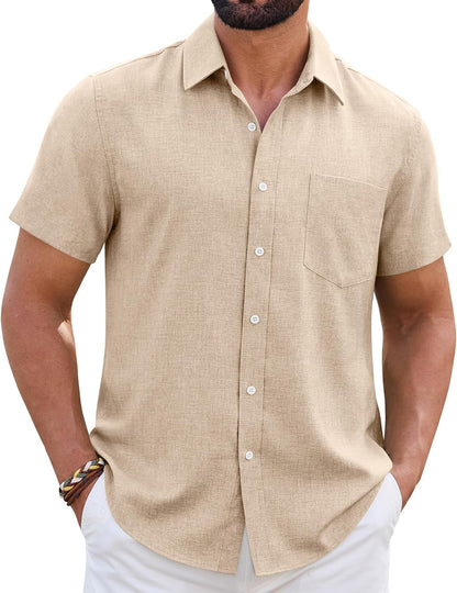 HOTMens Linen Shirt Short Sleeve Wrinkle Free Casual Untucked Button Down Shirts Beach Breathable Tops Summer