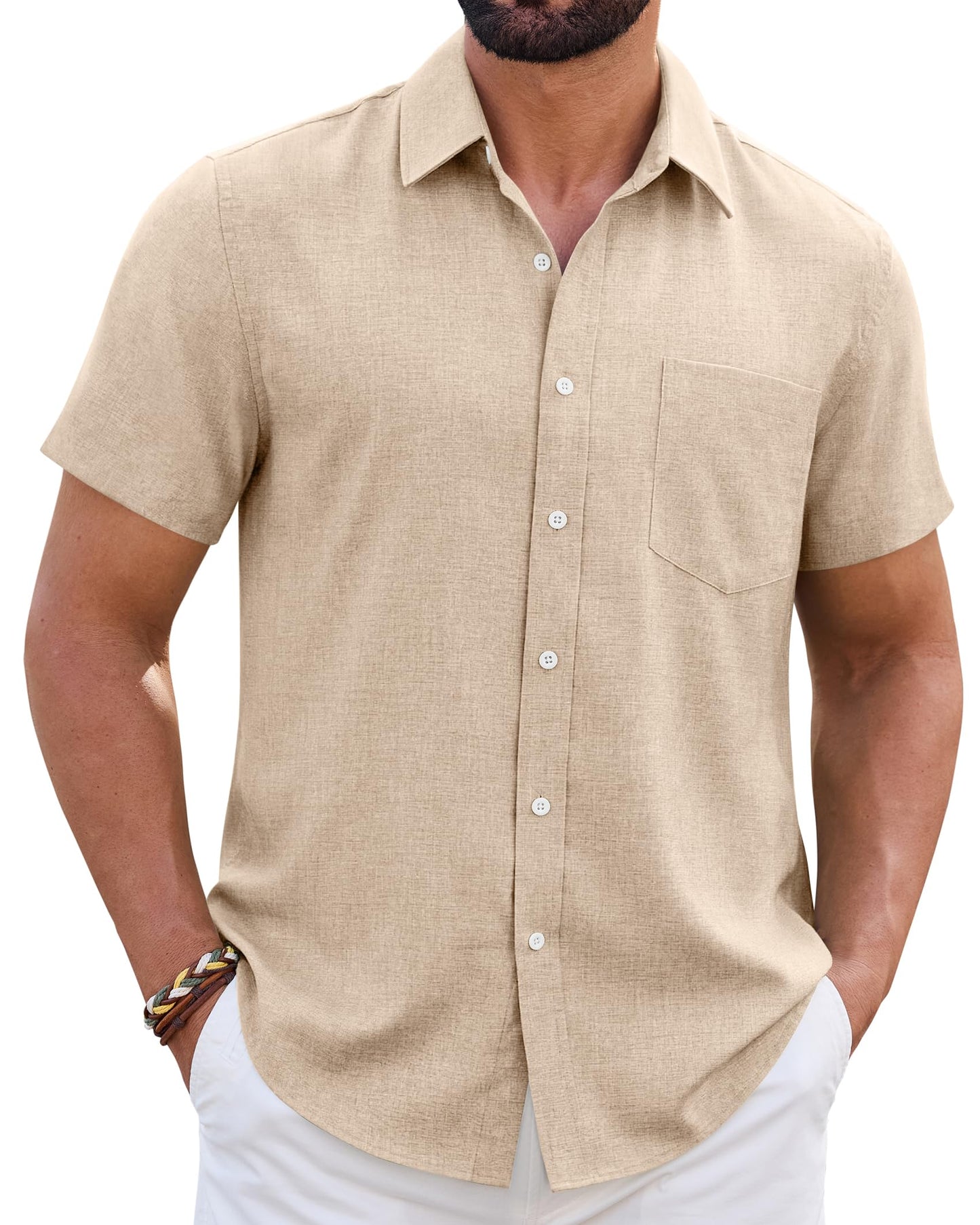 HOTMens Linen Shirt Short Sleeve Wrinkle Free Casual Untucked Button Down Shirts Beach Breathable Tops Summer