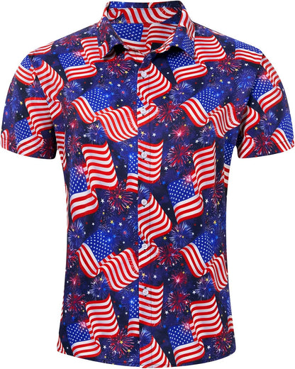 HOTuideazone Mens 4th of July American Flag Patriotic Shirt M-XXL | USA Short Sleeve Button Up Shirt for Independence Day, Memorial Days, Flag Day, 4th of July Parties, Beach Trips and Daily