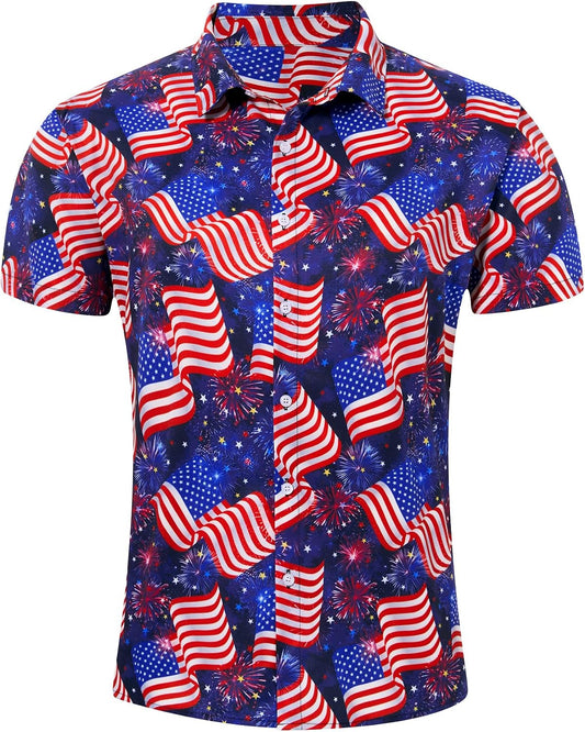 HOTuideazone Mens 4th of July American Flag Patriotic Shirt M-XXL | USA Short Sleeve Button Up Shirt for Independence Day, Memorial Days, Flag Day, 4th of July Parties, Beach Trips and Daily