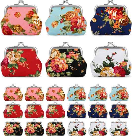 HOT24 Pcs Coin Purse for Women Bulk Canvas Change Purse with Kiss Lock, Vintage Floral Wallets for Daily Essentials, 3.7 x 3.3 Inch Assorted Colors