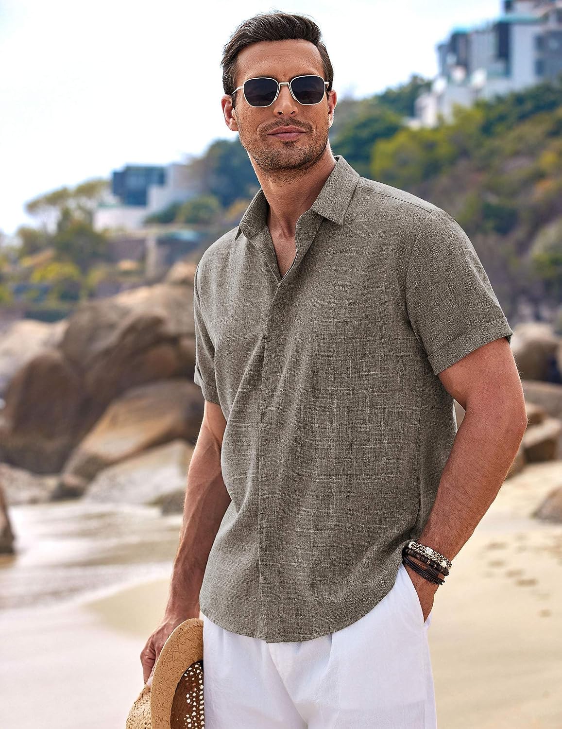 HOTCOOFANDY Men's Linen Shirts Short Sleeve Casual Shirts Button Down Shirt for Men Beach Summer Wedding Shirt