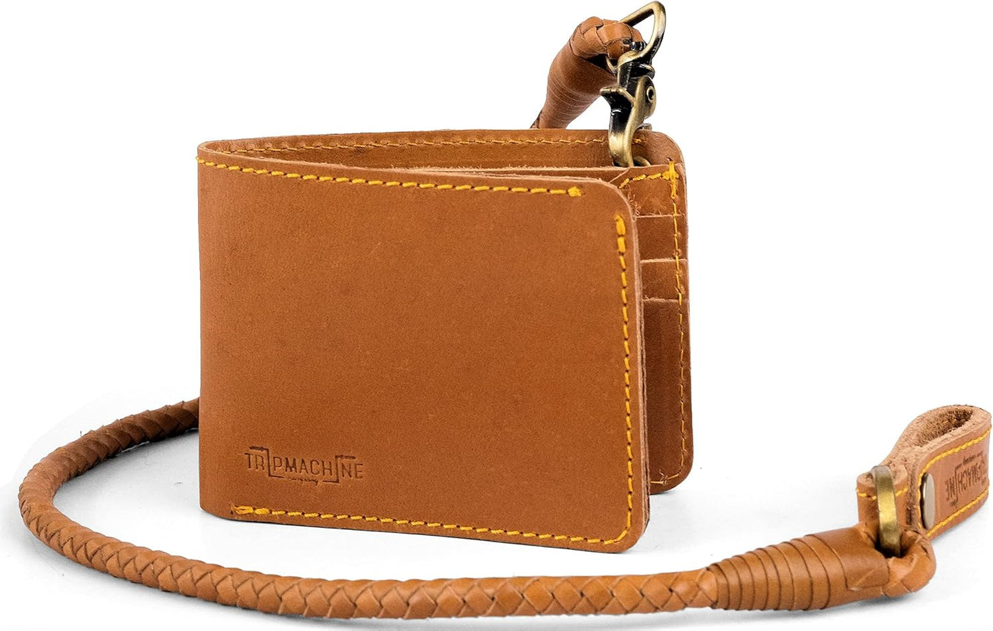 HOTTrip Machine Company Bifold Leather Biker Wallet with Braided Chain – Genuine Leather Motorcycle Wallet, Vintage Wallet with Coin Pocket, Card Slots & Detachable Chain - Vintage Tan Trigger