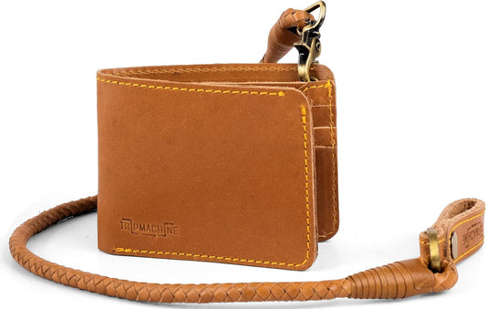 HOTTrip Machine Company Bifold Leather Biker Wallet with Braided Chain – Genuine Leather Motorcycle Wallet, Vintage Wallet with Coin Pocket, Card Slots & Detachable Chain - Vintage Tan Trigger