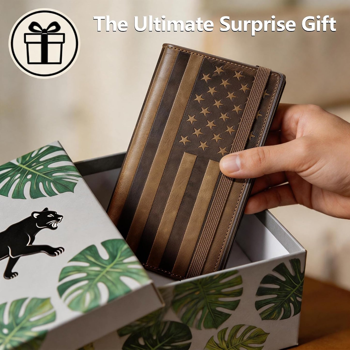 HOTEspera USA Flag Themed Genuine Leather Checkbook Cover for Men and Women, Check Book Covers for Personal Checkbook with Elastic Band