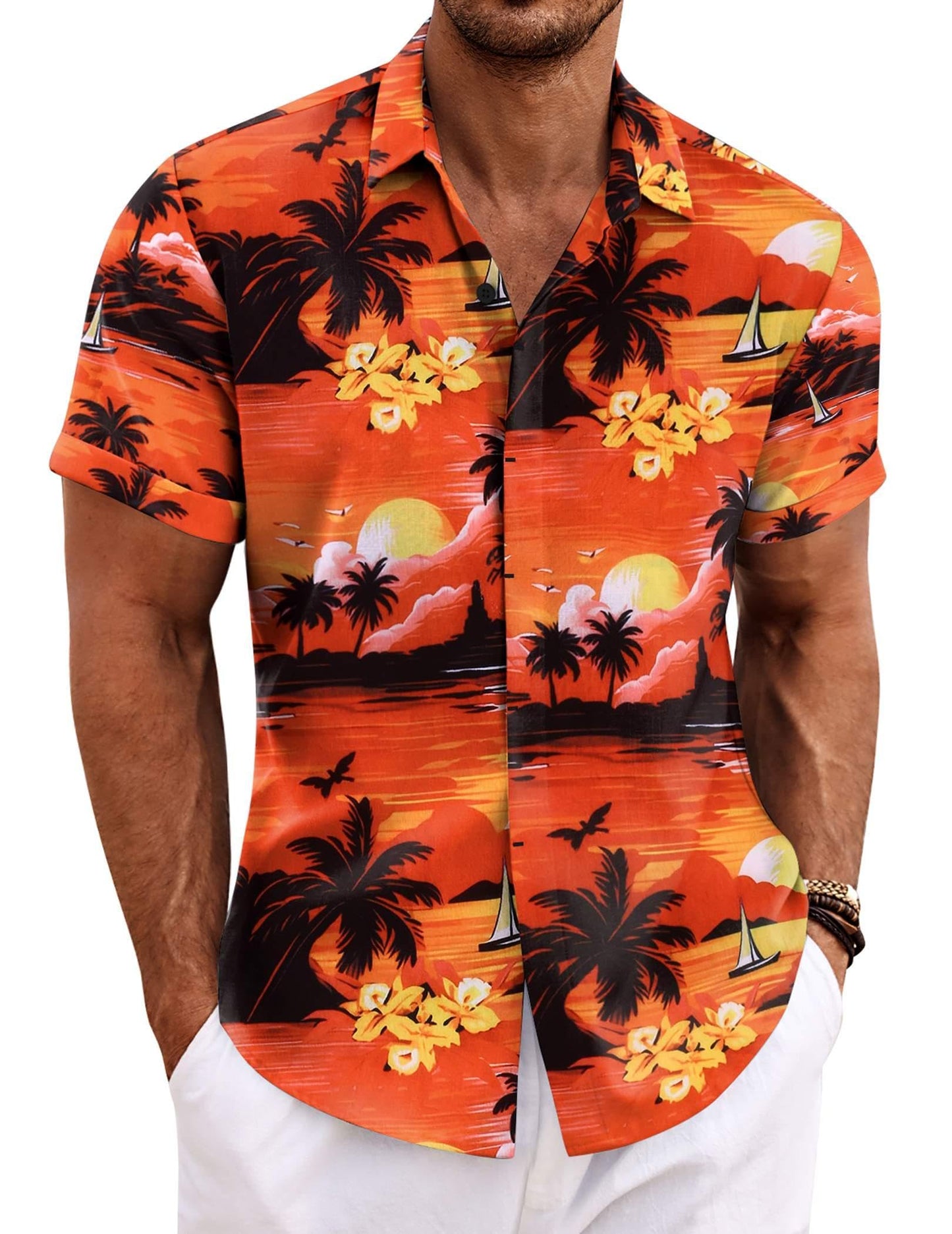 HOTCOOFANDY Men's Linen Shirts Short Sleeve Casual Shirts Button Down Shirt for Men Beach Summer Wedding Shirt
