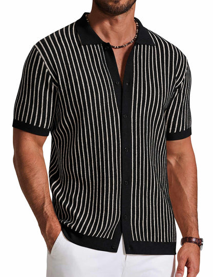 HOTCOOFANDY Mens Knit Button Down Shirts Short Sleeve Polo Shirt Vintage Striped Casual Shirts