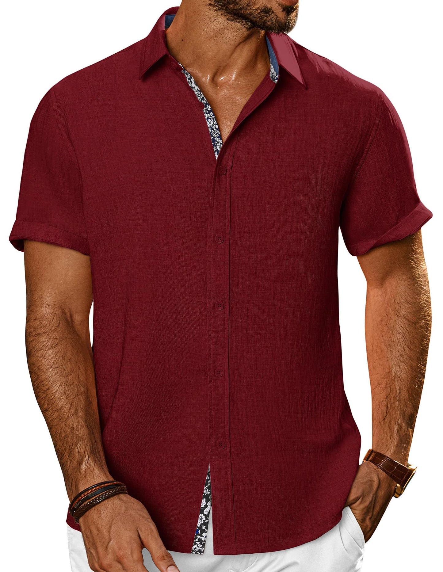 HOTPJ PAUL JONES Mens Short Sleeve Button Down Shirts Casual Summer Clothing | Linen Textured, Summer Beach Vacation Tops, Untucked Dress Shirt, Lightweight, Regular Fit, Fashion Resort Wear