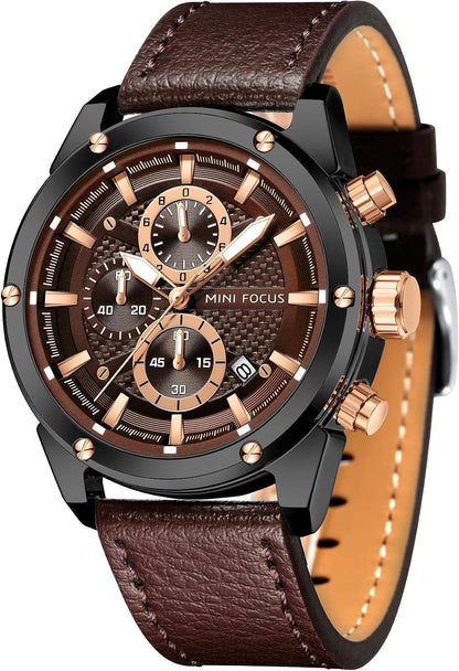 HOTMF MINI FOCUS Men Watches Business Casual Wrist Watches (Multifunction/Waterproof/Luminous/Calendar) Genuine Leather Band Fashion Watch for Men