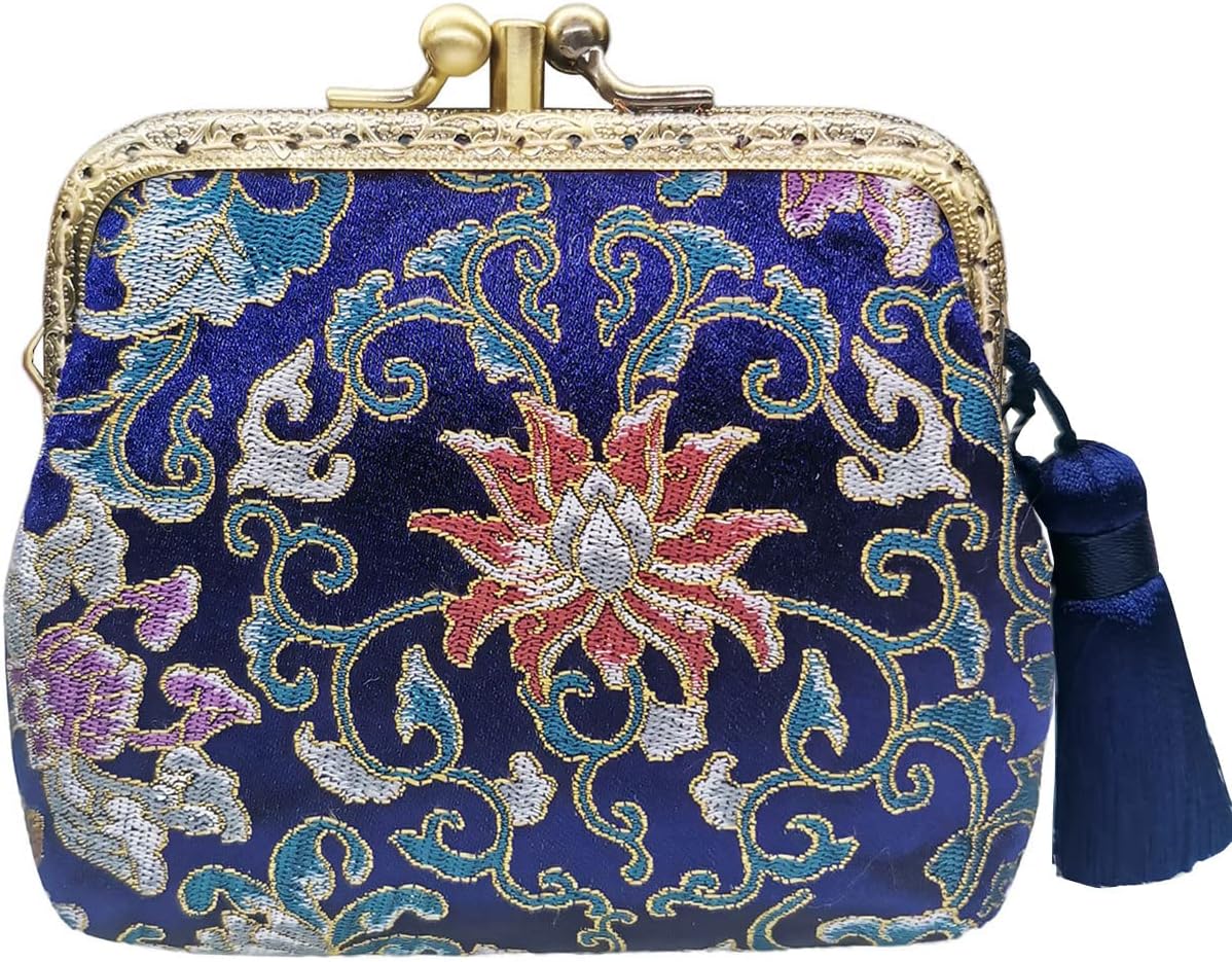 HOTVintage Brocade Buckle Coin Purse Kiss-lock Wallet for Women(blue)