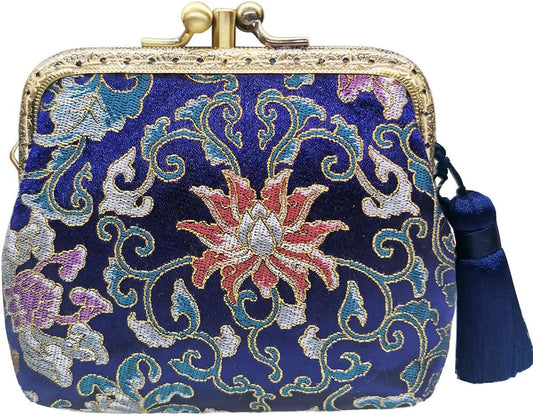 HOTVintage Brocade Buckle Coin Purse Kiss-lock Wallet for Women(blue)