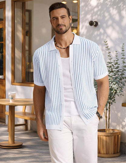 HOTCOOFANDY Mens Knit Button Down Shirts Short Sleeve Polo Shirt Vintage Striped Casual Shirts