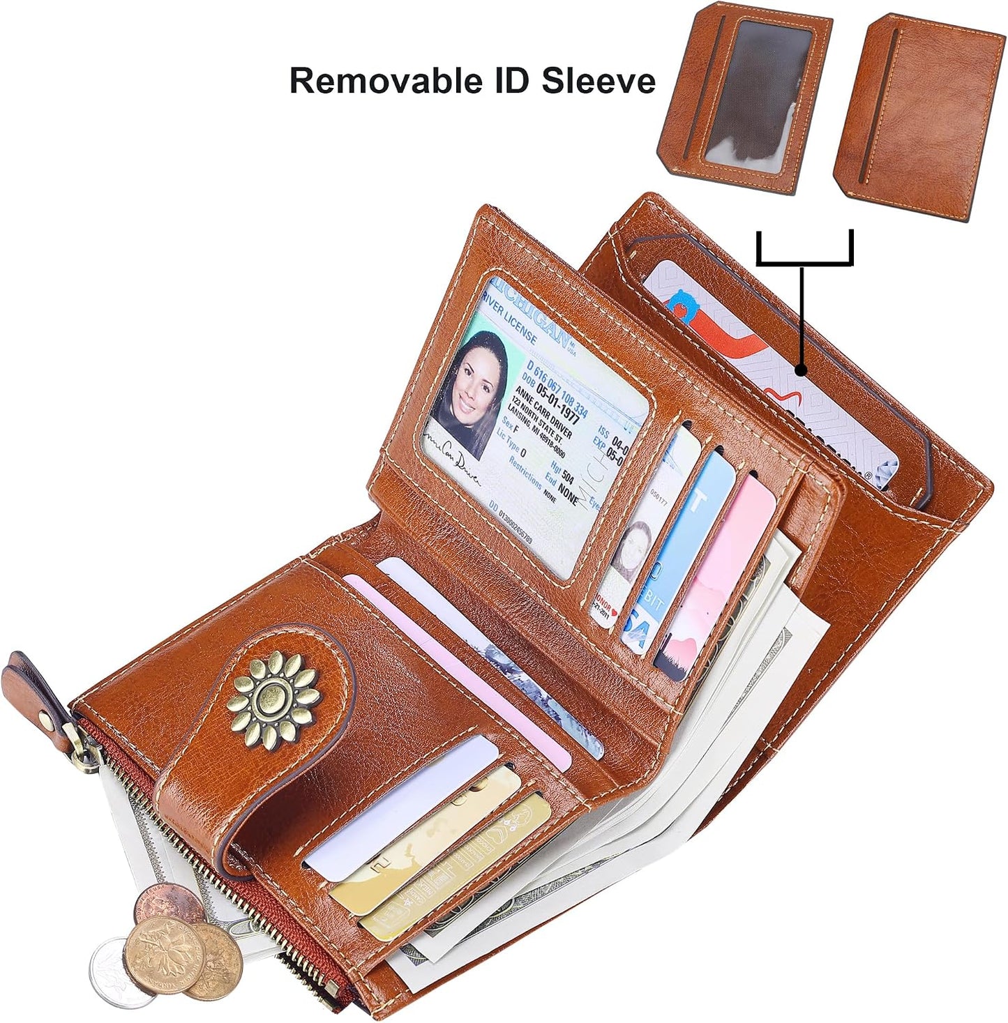 HOTLavemi Womens Leather Wallet Small Compact RFID Blocking Credit Card Case Purse with Zipper Pocket | Small